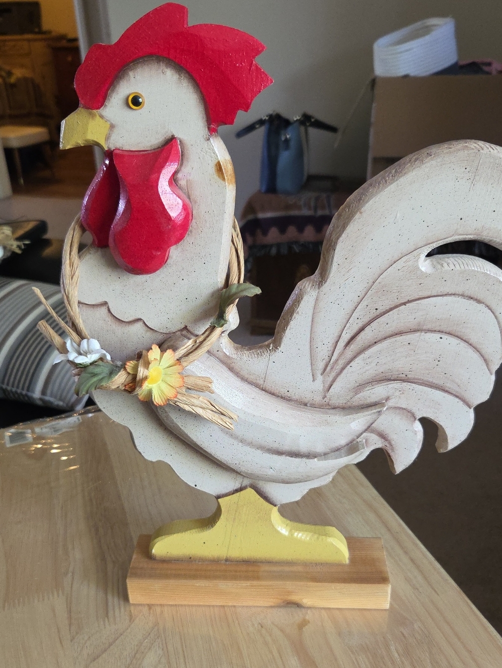 Rustic Wooden Rooster Figurine in Red, Yellow and Cream - Decorative Home Accent